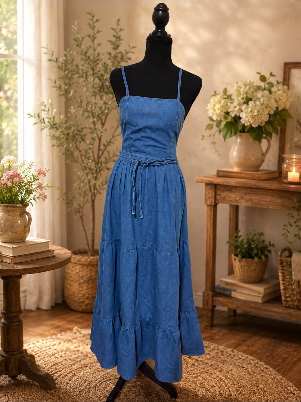 Sleeveless Blue Maxi Dress with Tie Waist